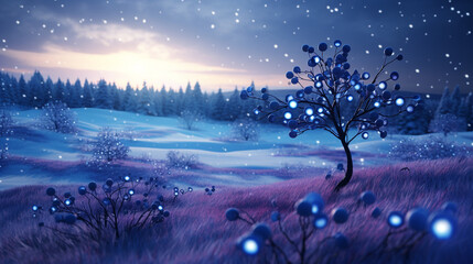 Winter landscape with blue christmas tree and snowflakes