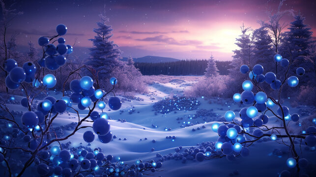 Winter landscape with snow covered trees and blue berries. generative ai