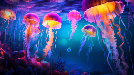Obraz premium Illustration of jellyfishes in the deep forest at night.
