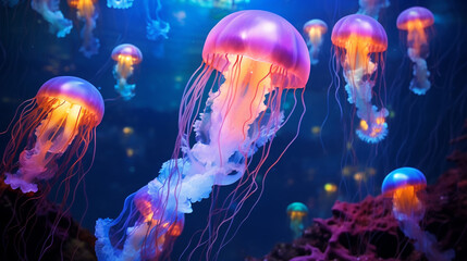 Jellyfish swimming in the sea. Underwater world ai generated