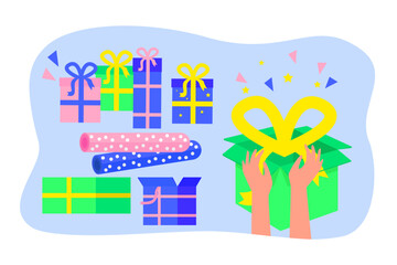 Hands packing birthday gift boxes vector illustration. Colorful present boxes decorated with wrapping paper and bright ribbons. Celebration, birthday, anniversary concept