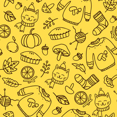 Autumn decorative seamless pattern with doodle elements on light yellow background. Cozy hygge autumn season vibe print on yellow background