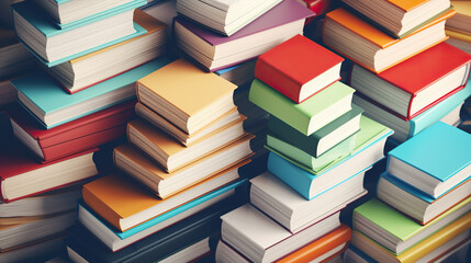 Top view on colorful stacked books. Education and learning concept background 3D Rendering