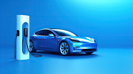 electric car connected to charger on blue background 3D Rendering, 3D Illustration