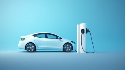 electric car connected to charger on blue background 3D Rendering, 3D Illustration