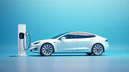 electric car connected to charger on blue background 3D Rendering, 3D Illustration - Powered by Adobe