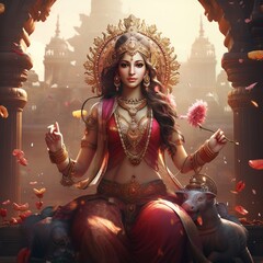 The divine Hindu goddess Lakshmi bringing wealth in the festival of Diwali. Generative Ai. - obrazy, fototapety, plakaty