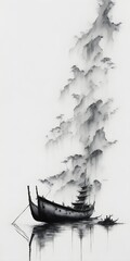 black ink painting of a boat against a tree cliff in the background - obrazy, fototapety, plakaty