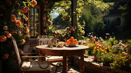 Fototapeta na wymiar Frisch geerntete Quitten präsentiert auf einem Tisch im Garten im Sonnenschein.