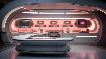 A futuristic kitchen with sleek white surfaces and holographic accents