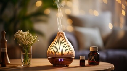 Automatic aroma oil diffuser with rising steam flow on table in cozy home
