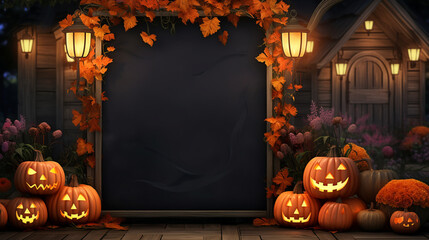 Halloween welcome signboard mockup with pumpkins, lantern and fallen leaves. Black board with autumn holiday