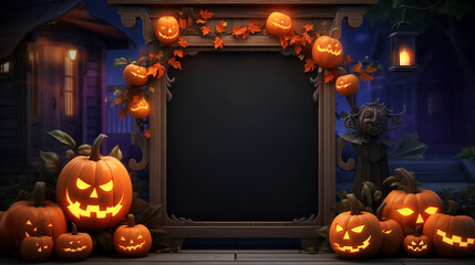 Enchanting Halloween - themed welcome signboard mockup showcasing an ornate blackboard embellished with whimsical pumpkins