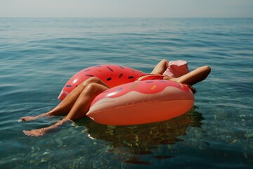 Summer vacation woman in hat floats on an inflatable donut mattress. Happy woman relaxing and enjoying family summer travel holidays travel on the sea.