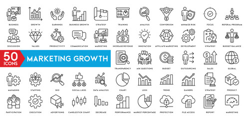 Fototapeta na wymiar Marketing Growth icon set of web icons in line style. Marketing icons for business. Communication, advertising, ecommerce, seo, content, product, target audience, website, social media and more
