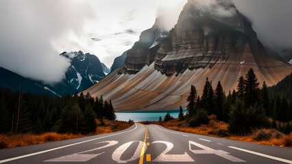 New year 2024 concept. Text 2024 written on the road in the middle of asphalt road - ai generated