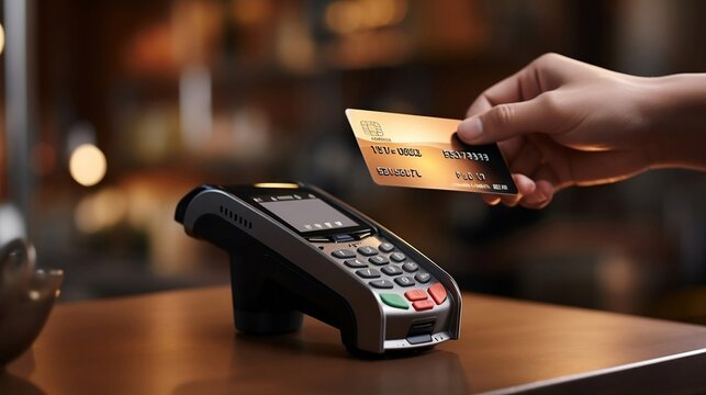 Close-up Of A Unrecognisable Man Using Gold Credit Card To Pay At Store.