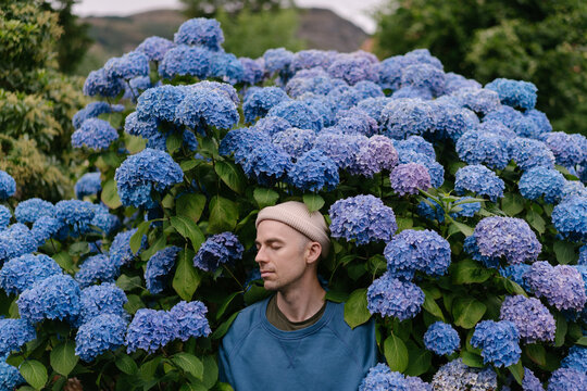 Man in blossom bushes