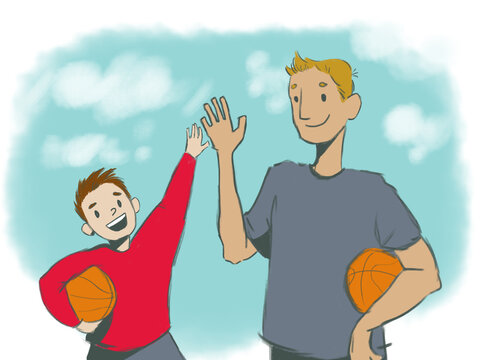a school basketball teacher connects with a kid holding a basketball
