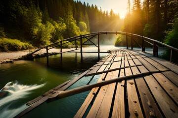 Obraz premium A serene wooden rope bridge suspended over a rushing river
