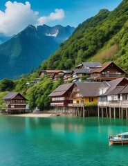 Fototapeta na wymiar The pretty little town of Borneo in Switzerland has wooden houses lined by the sea and beautiful views of the Alps.