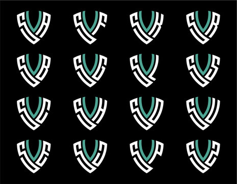 SVA, SVB, SVC, SVE, SVF, SVG, SVH, SVJ, SVK, SVL, SVO, SVP, SVR, SVS, SVU, SVZ creative letter shield logo design vector icon illustration