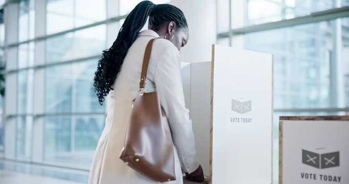 Voting booth, election and black woman with freedom, politics and human rights with democracy. Person, girl and voter with a decision, equality and campaign for government, choice and patriotic