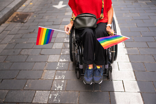 Anonymous Person In Wheelchair Holding Pride Flags 