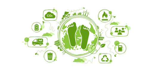 Carbon footprint concept with icon and infographic, measure huge foot, the impact of carbon pollution, Co2 emission in environment, carbon dioxide effect on planet ecosystem. Vector illustration.	