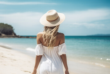 Fototapeta na wymiar Woman in Elegant Dress and Beach Hat Staring at the Ocean