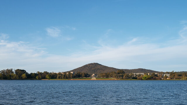 Panorama of Lake Burley Griffin and view to National War Memorial