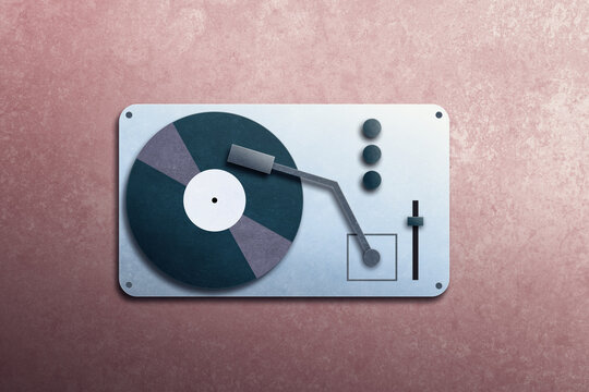 Record player with vinyl on pink background