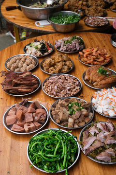 Delicious collection of various Chinese dishes, on the table