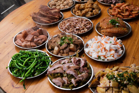 Delicious collection of various Chinese dishes, on the table