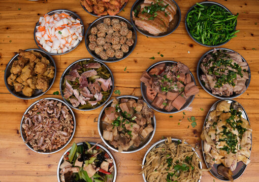 Delicious collection of various Chinese dishes, on the table