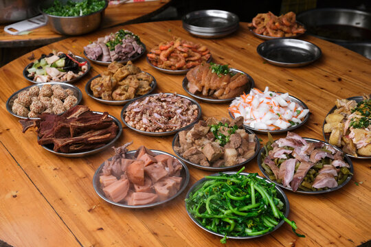 Delicious collection of various Chinese dishes, on the table