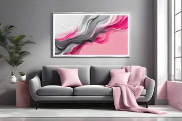 sofa and pillowsa and abstract art poster interior design. Generative AI