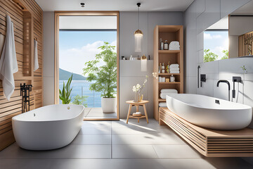 scandinavian interior design of bathroom. Generative AI