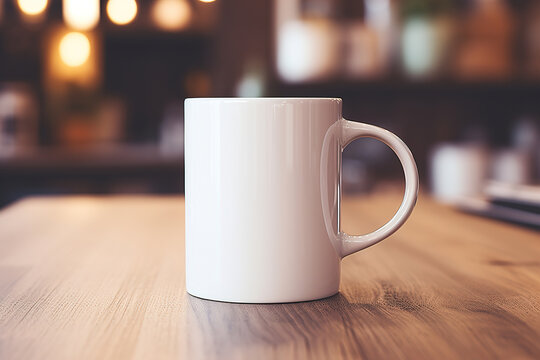 Close-up of a white mug with a handle mock-up, a cup standing on a wooden table inside the room