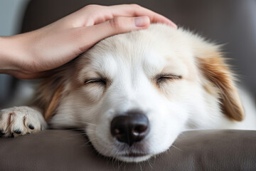 Close-up of a female hand stroking head of puppy at home