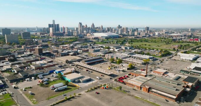 Aerial Flyover Eastern Market Toward Downtown Detroit