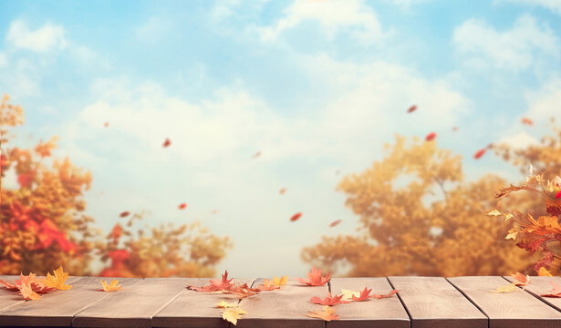 Empty wooden desk with autumn trees and sky background