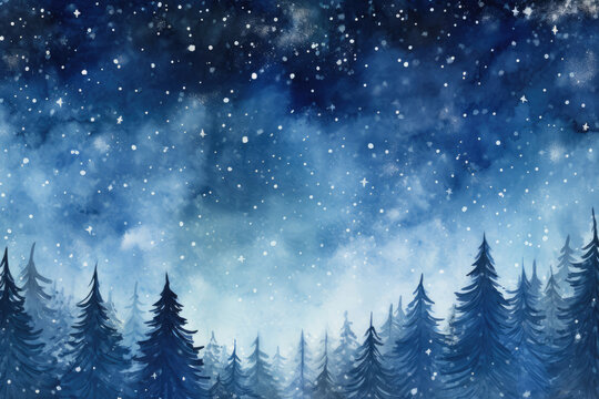 Watercolor illustration of a winter forest at night with the sky full of stars