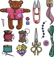 Sewing kit. Embroidery, beads, needle, pin, scissors, mannequin, buttons, thread, teddy bear, toy, doodle.