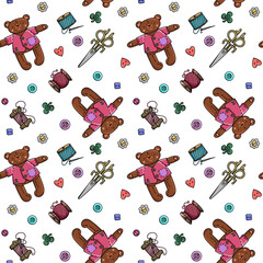 Seamless background with elements for embroidery. Buttons, scissors, bear, teddy, bobbin, thread, fashion, textile, design.