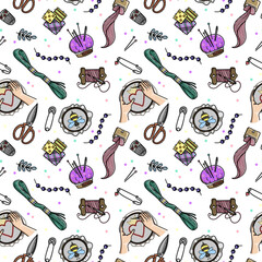 Seamless background with elements for embroidery. Buttons, pin, needle cases, needles, bobbin, thread, hands, fashion, textile, design.


