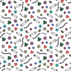 Seamless background with elements for sewing. Buttons, pin, beads, fashion, textile, design.

