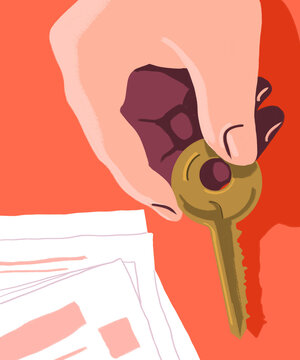 illustration of a Hand Holding House Key with Title Deed Papers