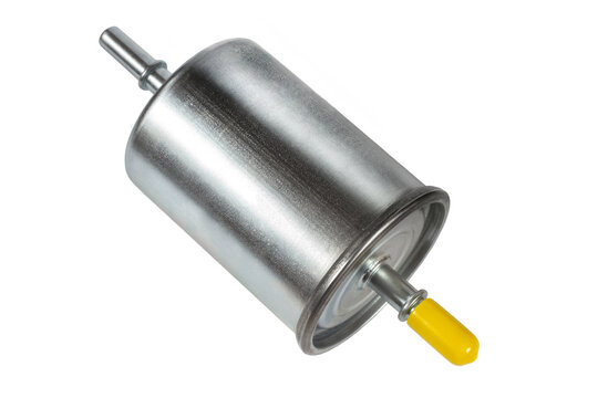 Fuel Filter. Metal fuel filter on a white background. Spare part for car maintenance isolated on white background.