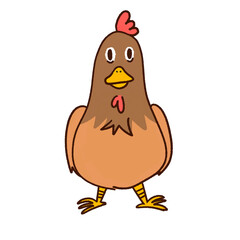 Funny brown hen, chicken, rooster hand drawing illustration isolated without background